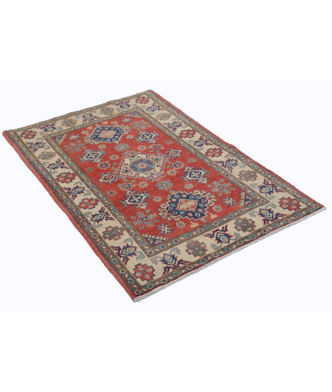 Hand Knotted Tribal Kazak Wool Rug - 3'0'' x 4'10'' 3' 0" X 4' 10" (91 X 147) / Red / Ivory