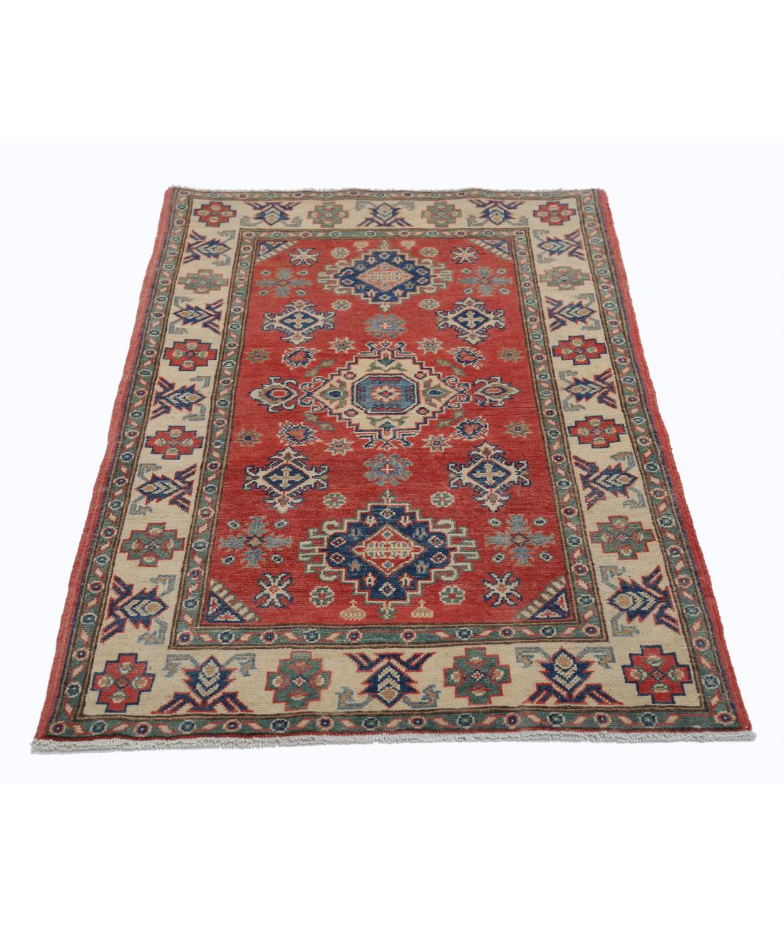 Hand Knotted Tribal Kazak Wool Rug - 3'0'' x 4'10'' 3' 0" X 4' 10" (91 X 147) / Red / Ivory