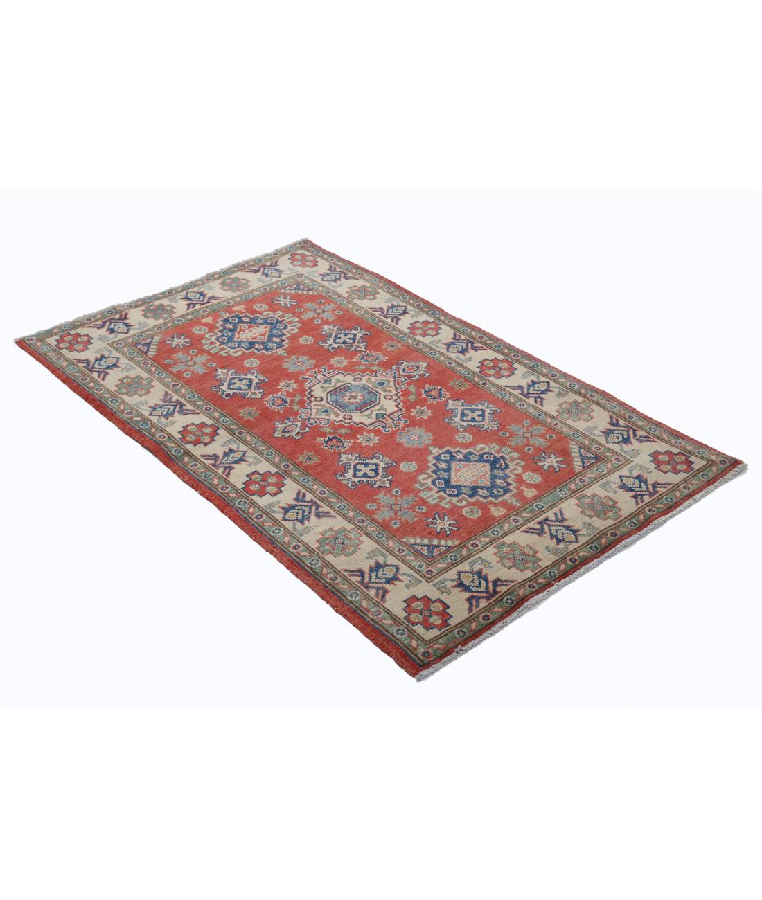 Hand Knotted Tribal Kazak Wool Rug - 3'0'' x 4'10'' 3' 0" X 4' 10" (91 X 147) / Red / Ivory