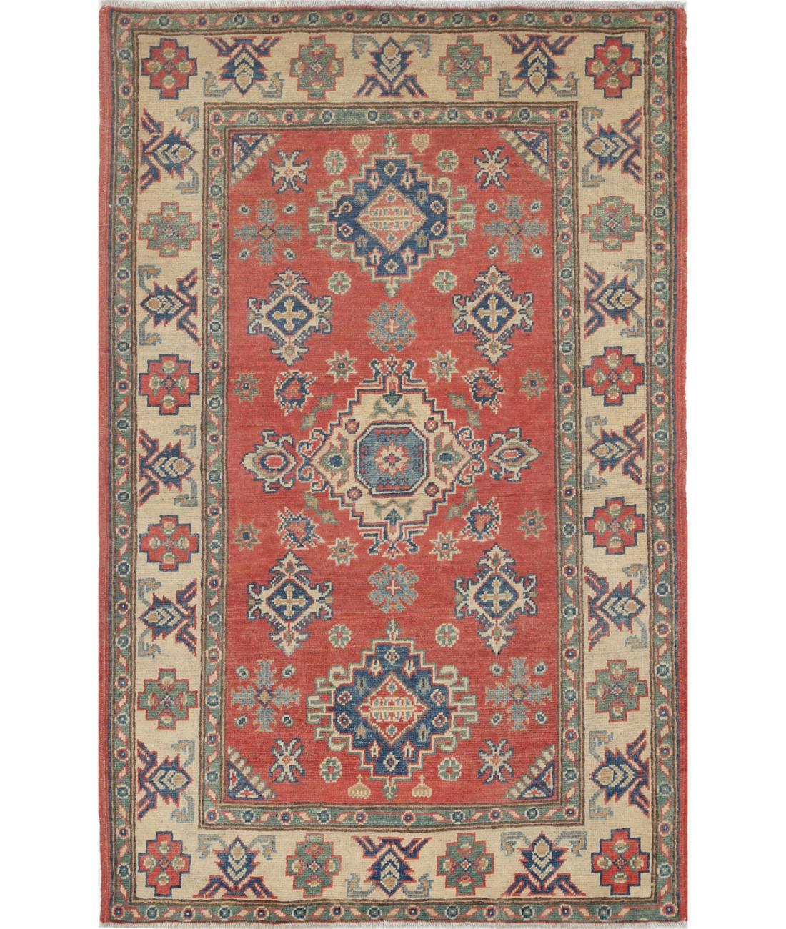 Hand Knotted Tribal Kazak Wool Rug - 3&#39;0&#39;&#39; x 4&#39;10&#39;&#39; 3&#39; 0&quot; X 4&#39; 10&quot; (91 X 147) / Red / Ivory