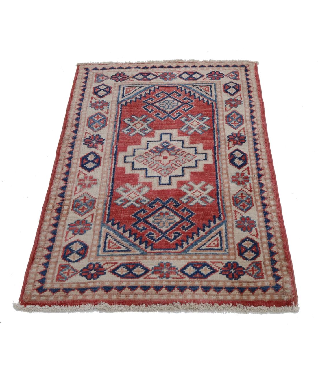 Hand Knotted Tribal Kazak Wool Rug - 1'10'' x 2'9'' 1' 10" X 2' 9" (56 X 84) / Red / Ivory