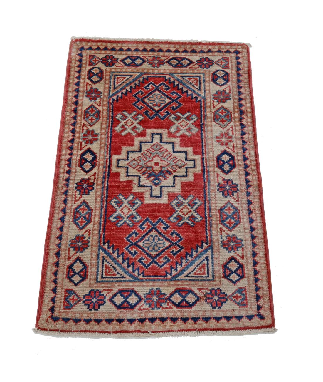 Hand Knotted Tribal Kazak Wool Rug - 1'10'' x 2'9'' 1' 10" X 2' 9" (56 X 84) / Red / Ivory
