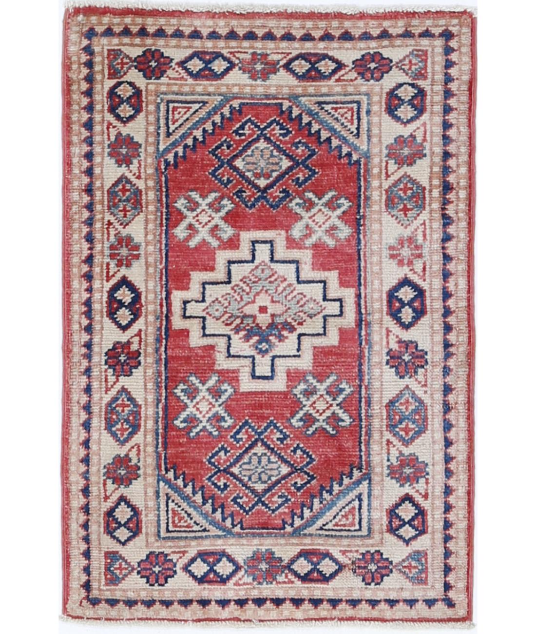 Hand Knotted Tribal Kazak Wool Rug - 1&#39;10&#39;&#39; x 2&#39;9&#39;&#39; 1&#39; 10&quot; X 2&#39; 9&quot; (56 X 84) / Red / Ivory