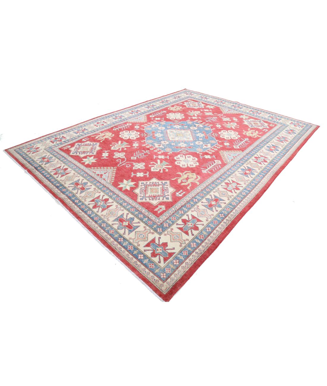Hand Knotted Tribal Kazak Wool Rug - 9'1'' x 12'4'' 9' 1" X 12' 4" (277 X 376) / Red / Ivory