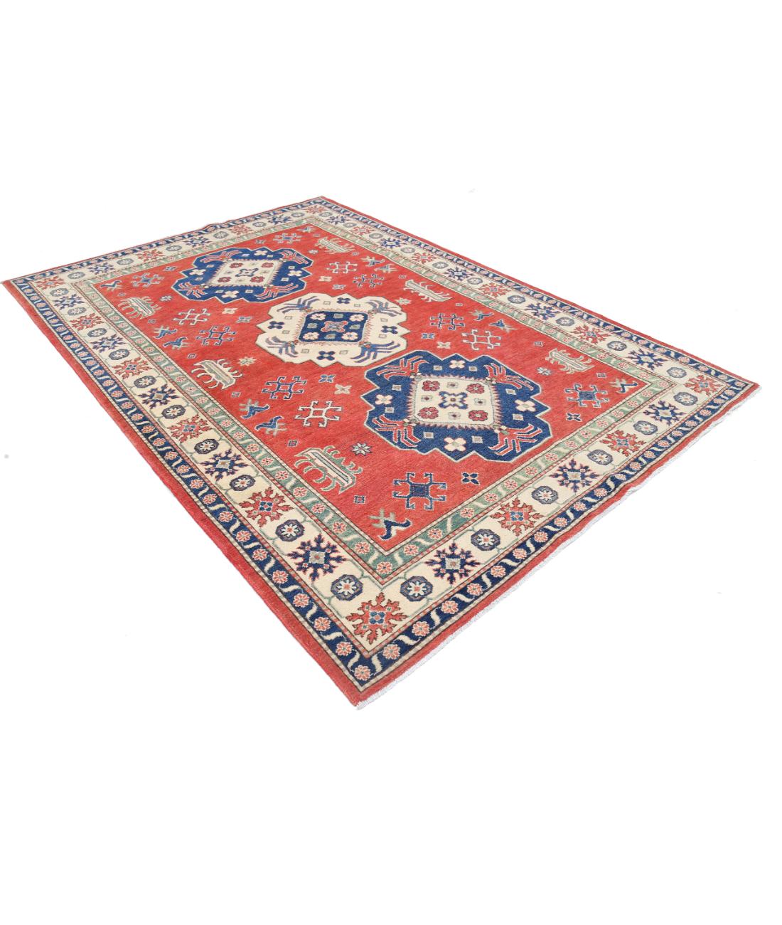 Hand Knotted Tribal Kazak Wool Rug - 6'7'' x 9'4'' 6' 7" X 9' 4" (201 X 284) / Red / Ivory
