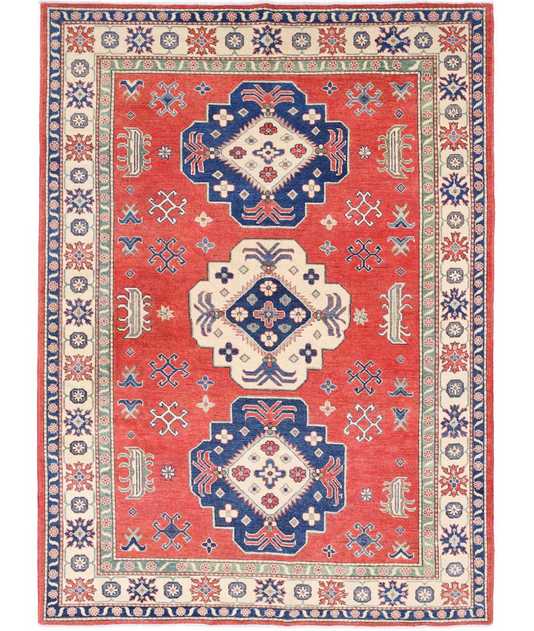 Hand Knotted Tribal Kazak Wool Rug - 6'7'' x 9'4'' 6' 7" X 9' 4" (201 X 284) / Red / Ivory