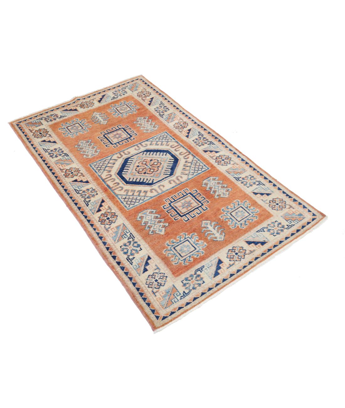 Hand Knotted Tribal Kazak Wool Rug - 3'0'' x 4'11'' 3' 0" X 4' 11" (91 X 150) / Orange / Ivory