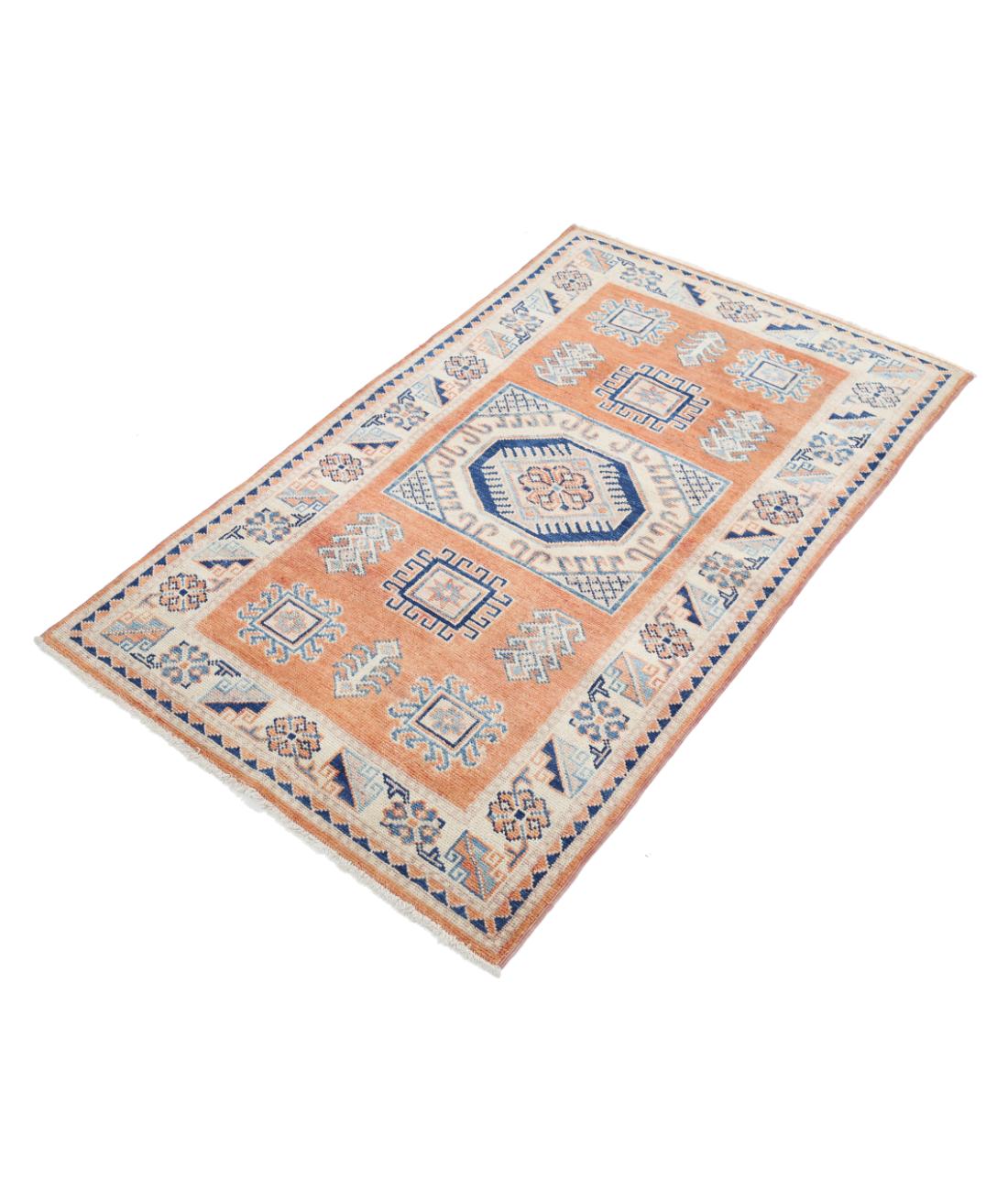 Hand Knotted Tribal Kazak Wool Rug - 3'0'' x 4'11'' 3' 0" X 4' 11" (91 X 150) / Orange / Ivory