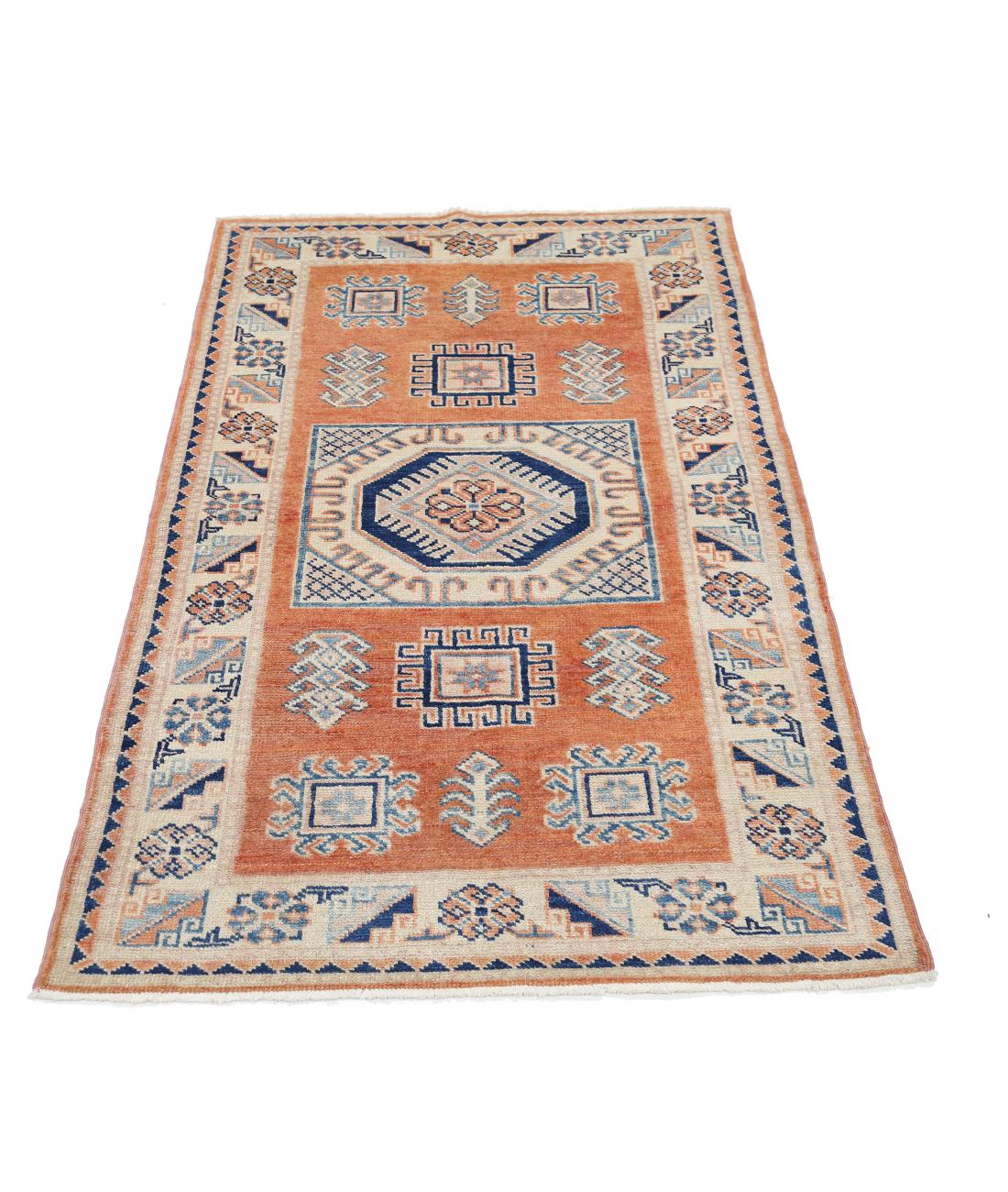 Hand Knotted Tribal Kazak Wool Rug - 3'0'' x 4'11'' 3' 0" X 4' 11" (91 X 150) / Orange / Ivory
