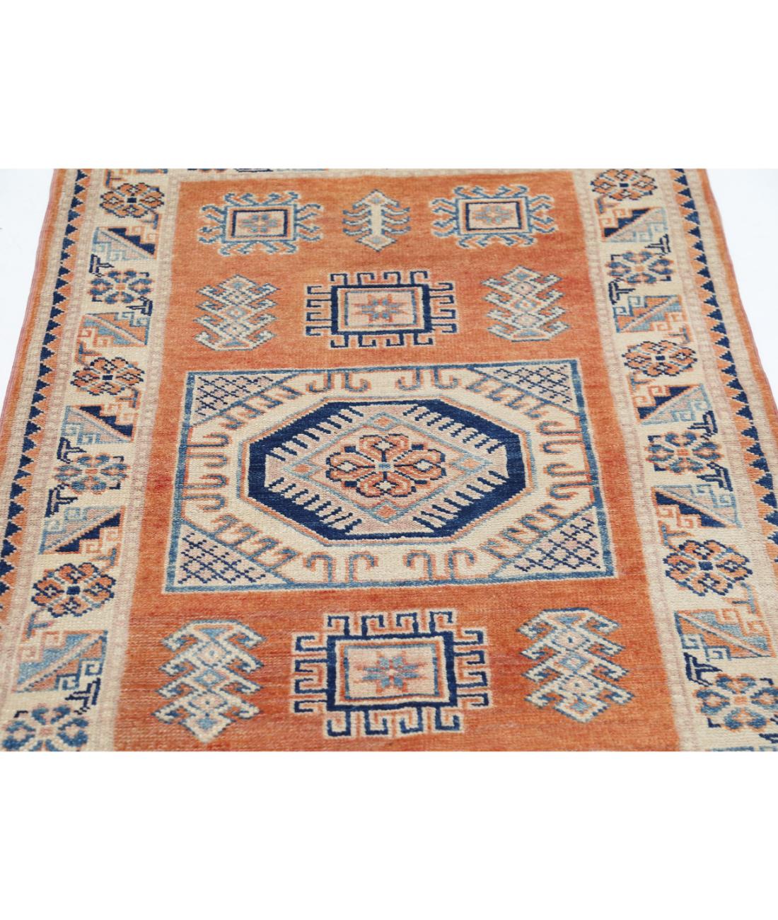 Hand Knotted Tribal Kazak Wool Rug - 3'0'' x 4'11'' 3' 0" X 4' 11" (91 X 150) / Orange / Ivory