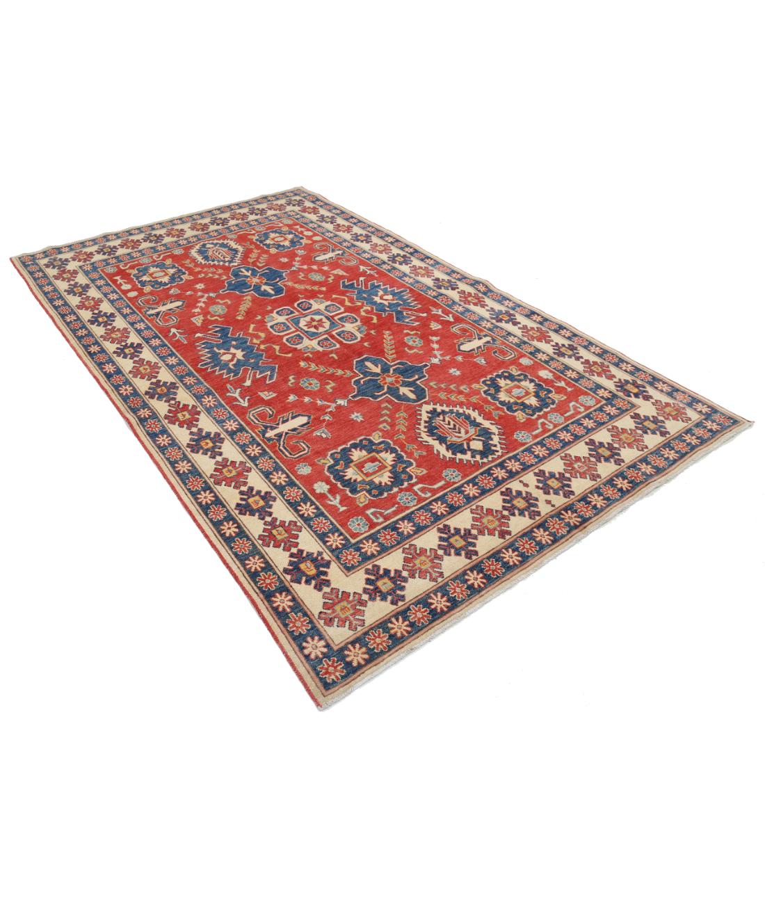 Hand Knotted Tribal Kazak Wool Rug - 5'6'' x 8'10'' 5' 6" X 8' 10" (168 X 269) / Red / Ivory
