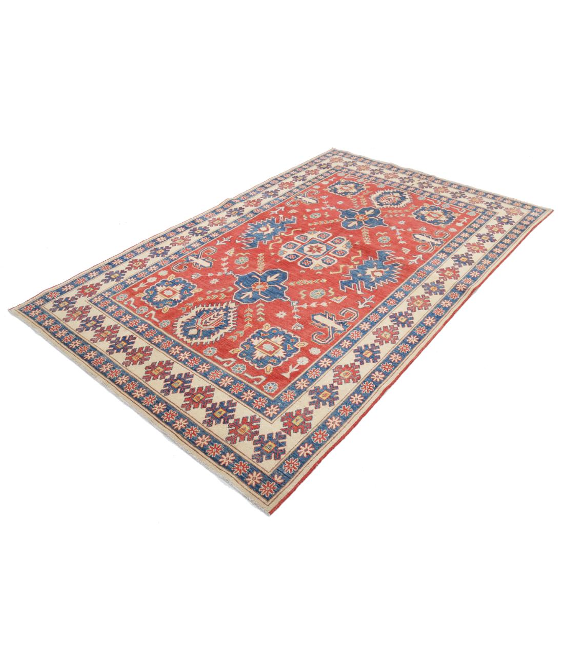 Hand Knotted Tribal Kazak Wool Rug - 5'6'' x 8'10'' 5' 6" X 8' 10" (168 X 269) / Red / Ivory
