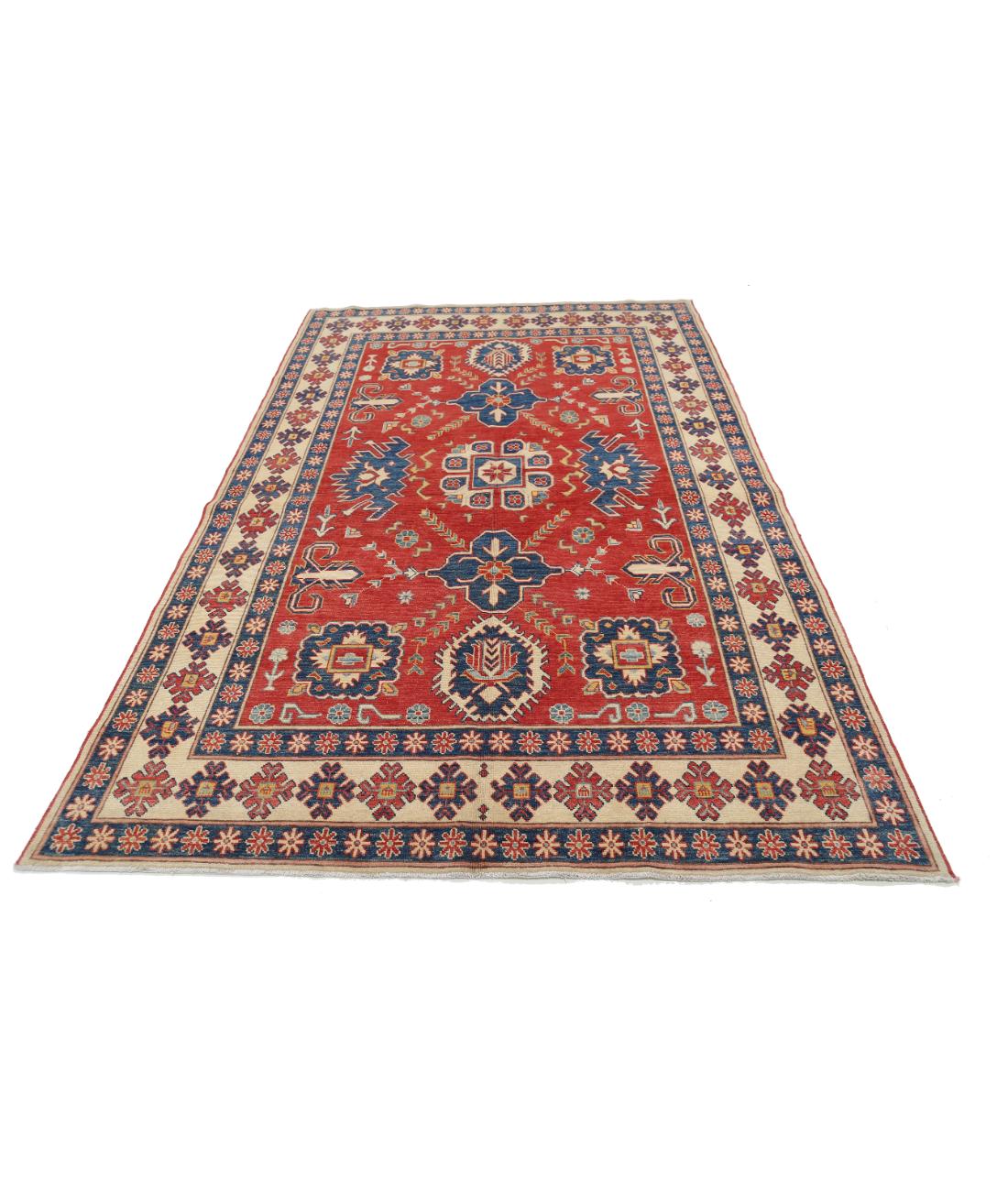 Hand Knotted Tribal Kazak Wool Rug - 5'6'' x 8'10'' 5' 6" X 8' 10" (168 X 269) / Red / Ivory