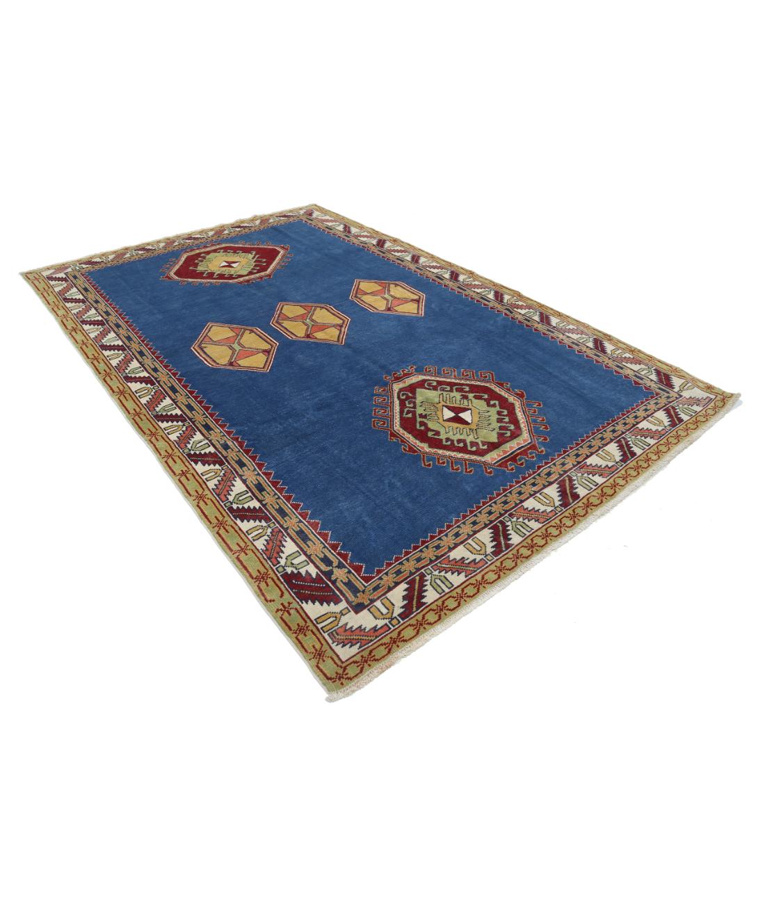 Hand Knotted Tribal Kazak Wool Rug - 7'4'' x 10'10'' 7' 4" X 10' 10" (224 X 330) / Blue / Ivory