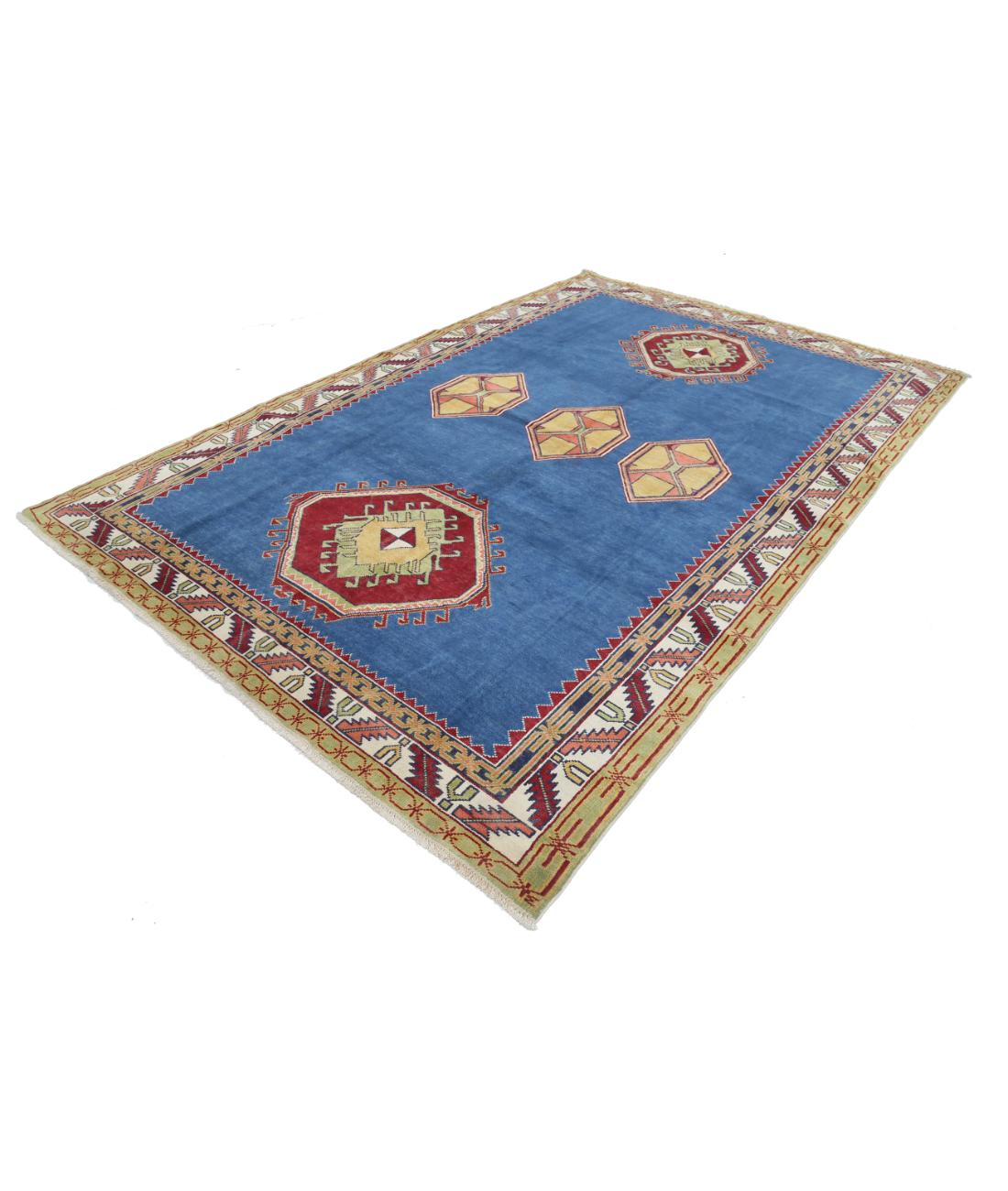 Hand Knotted Tribal Kazak Wool Rug - 7'4'' x 10'10'' 7' 4" X 10' 10" (224 X 330) / Blue / Ivory