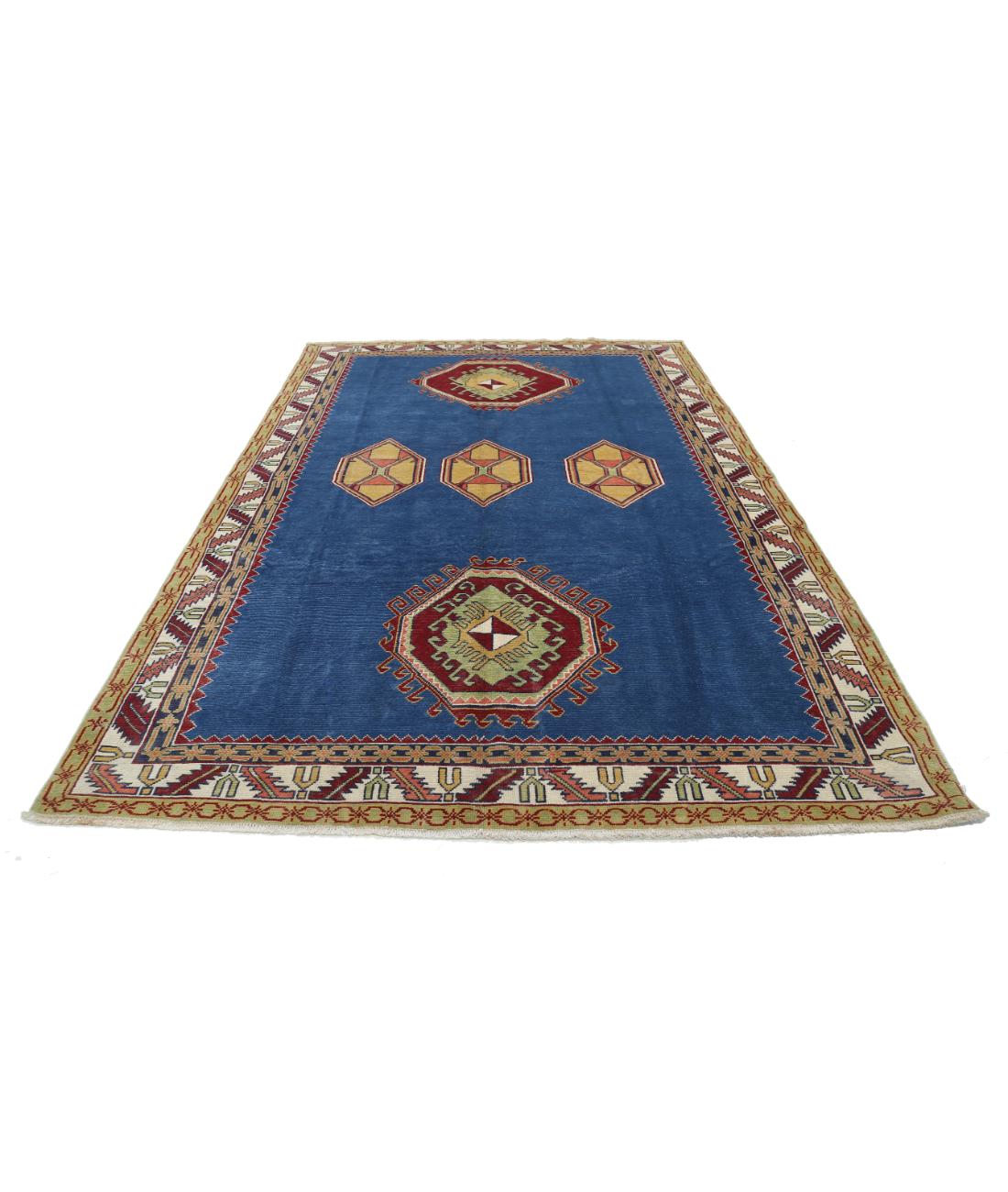 Hand Knotted Tribal Kazak Wool Rug - 7'4'' x 10'10'' 7' 4" X 10' 10" (224 X 330) / Blue / Ivory