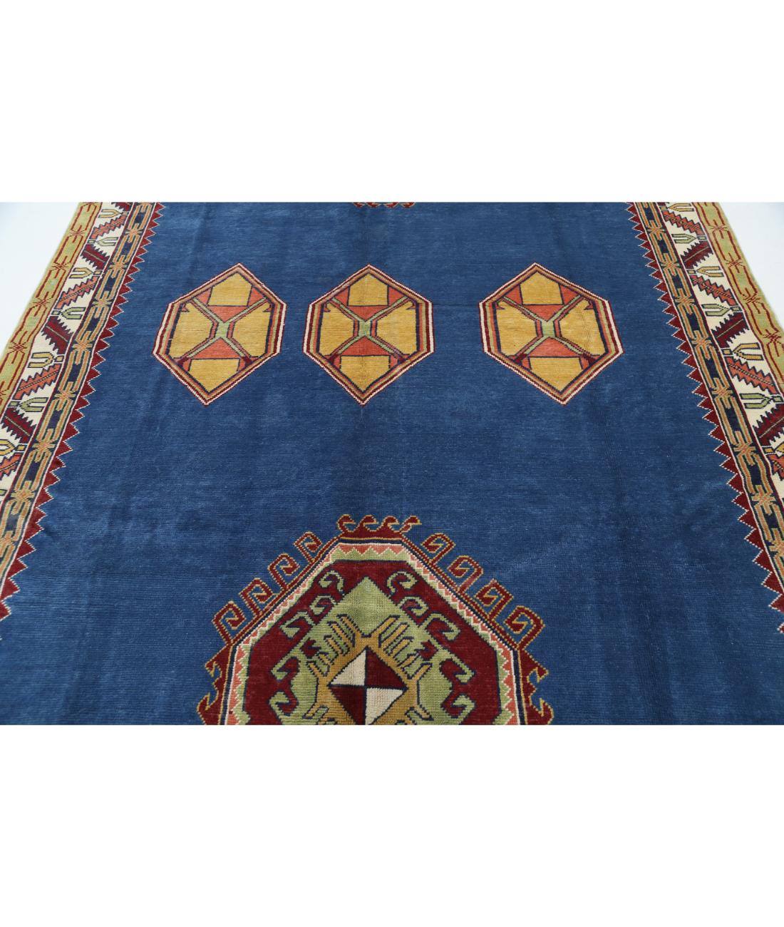Hand Knotted Tribal Kazak Wool Rug - 7'4'' x 10'10'' 7' 4" X 10' 10" (224 X 330) / Blue / Ivory