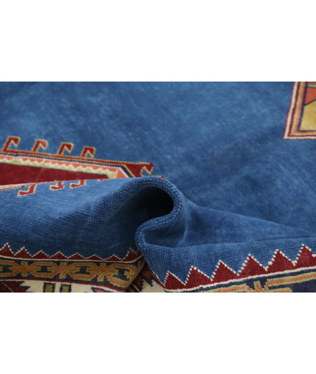Hand Knotted Tribal Kazak Wool Rug - 7'4'' x 10'10'' 7' 4" X 10' 10" (224 X 330) / Blue / Ivory