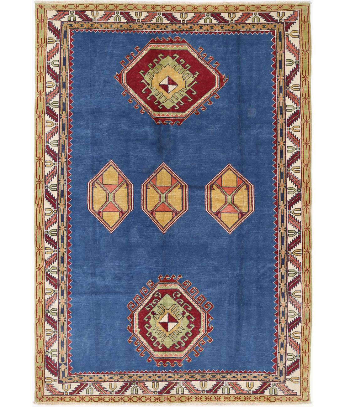 Hand Knotted Tribal Kazak Wool Rug - 7'4'' x 10'10'' 7' 4" X 10' 10" (224 X 330) / Blue / Ivory