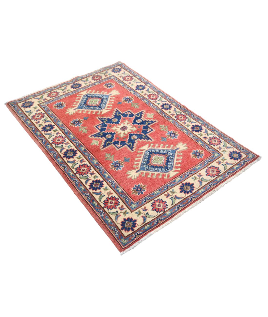 Hand Knotted Tribal Kazak Wool Rug - 3'3'' x 4'8'' 3' 3" X 4' 8" (99 X 142) / Red / Ivory
