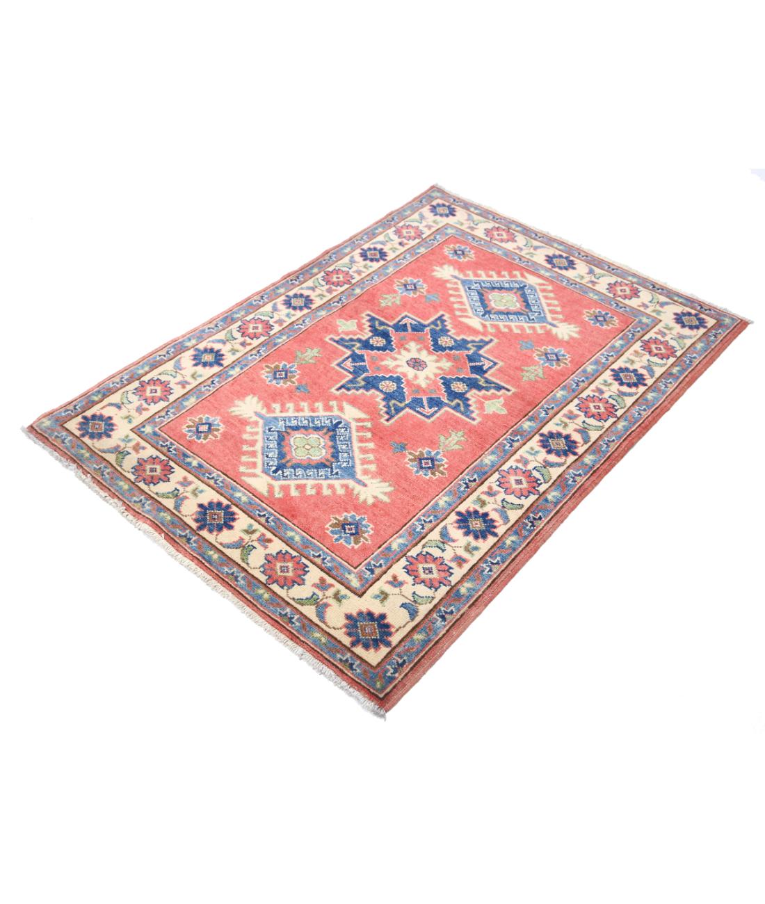 Hand Knotted Tribal Kazak Wool Rug - 3'3'' x 4'8'' 3' 3" X 4' 8" (99 X 142) / Red / Ivory