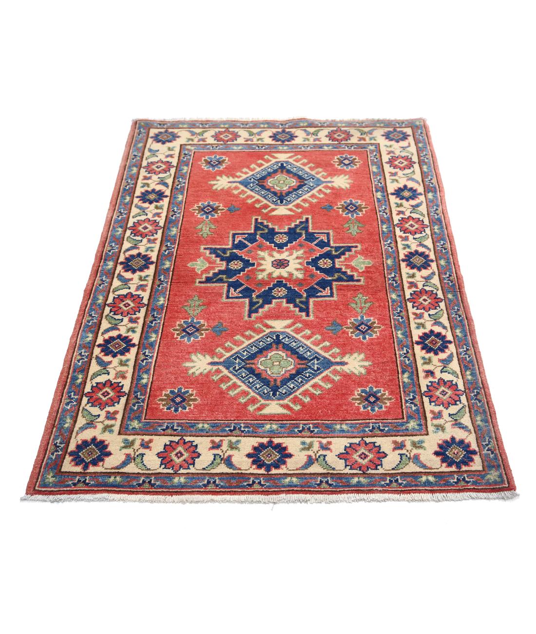 Hand Knotted Tribal Kazak Wool Rug - 3'3'' x 4'8'' 3' 3" X 4' 8" (99 X 142) / Red / Ivory
