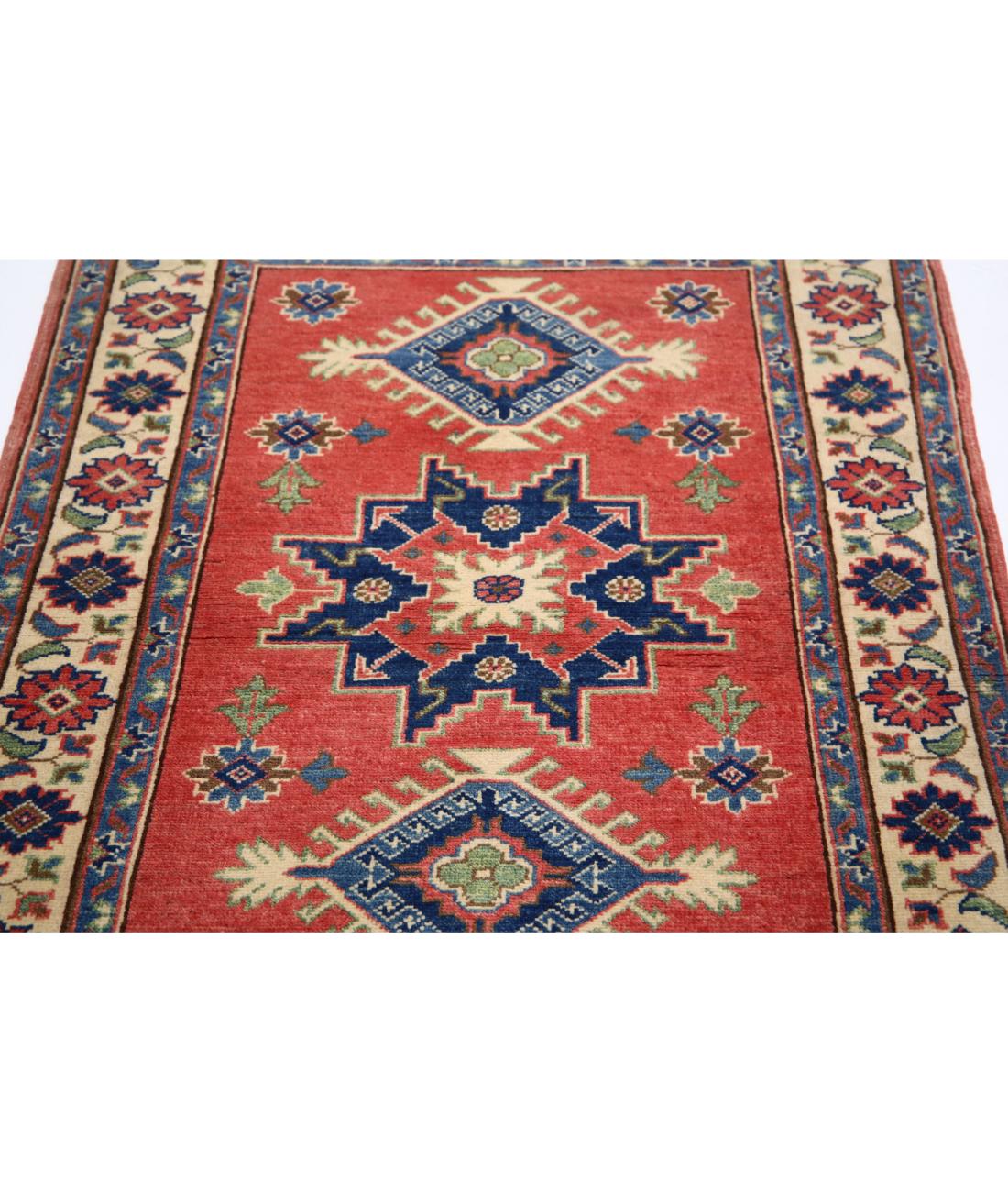 Hand Knotted Tribal Kazak Wool Rug - 3'3'' x 4'8'' 3' 3" X 4' 8" (99 X 142) / Red / Ivory