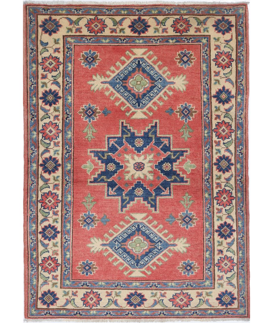Hand Knotted Tribal Kazak Wool Rug - 3&#39;3&#39;&#39; x 4&#39;8&#39;&#39; 3&#39; 3&quot; X 4&#39; 8&quot; (99 X 142) / Red / Ivory