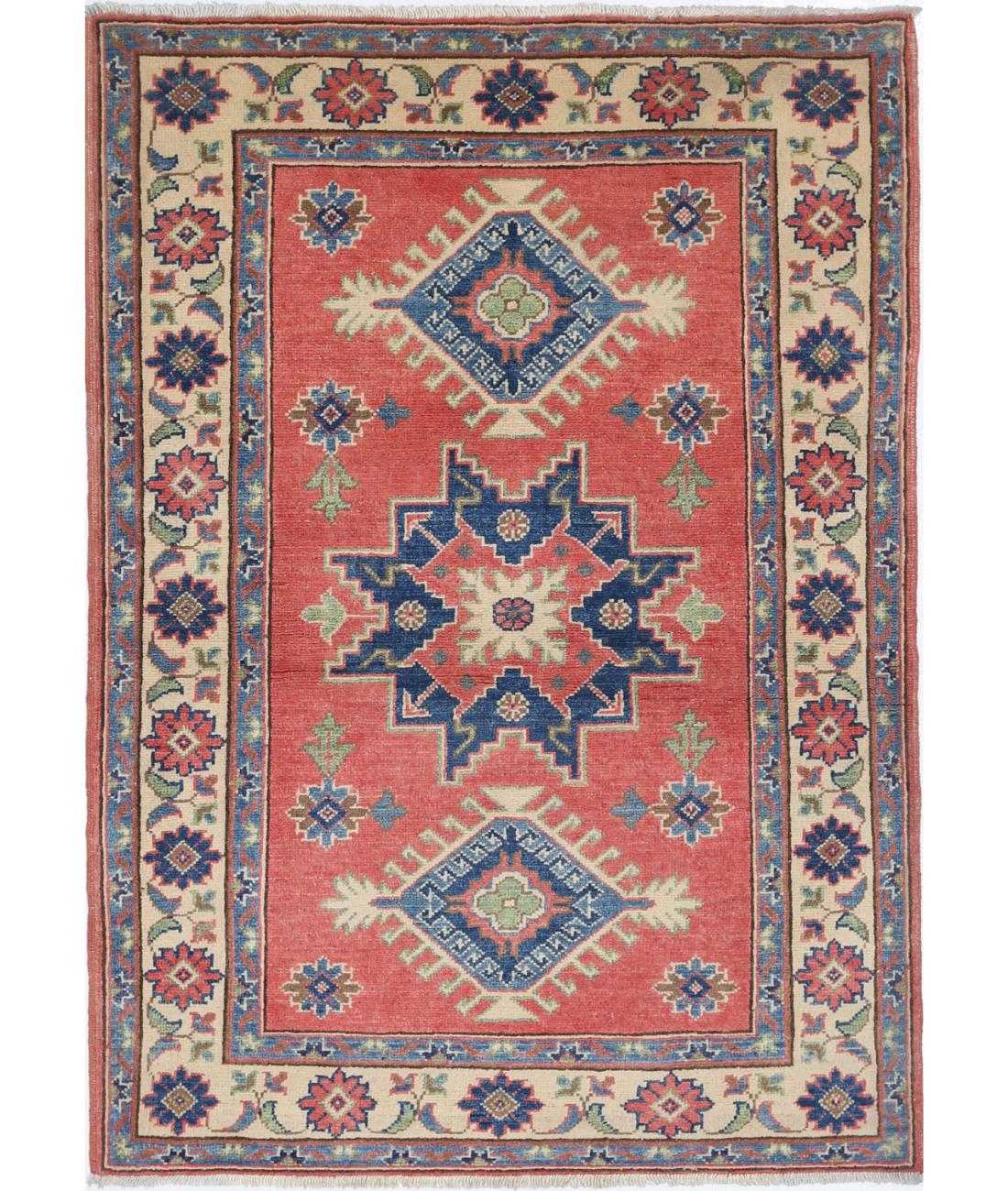 Hand Knotted Tribal Kazak Wool Rug - 3'3'' x 4'8''