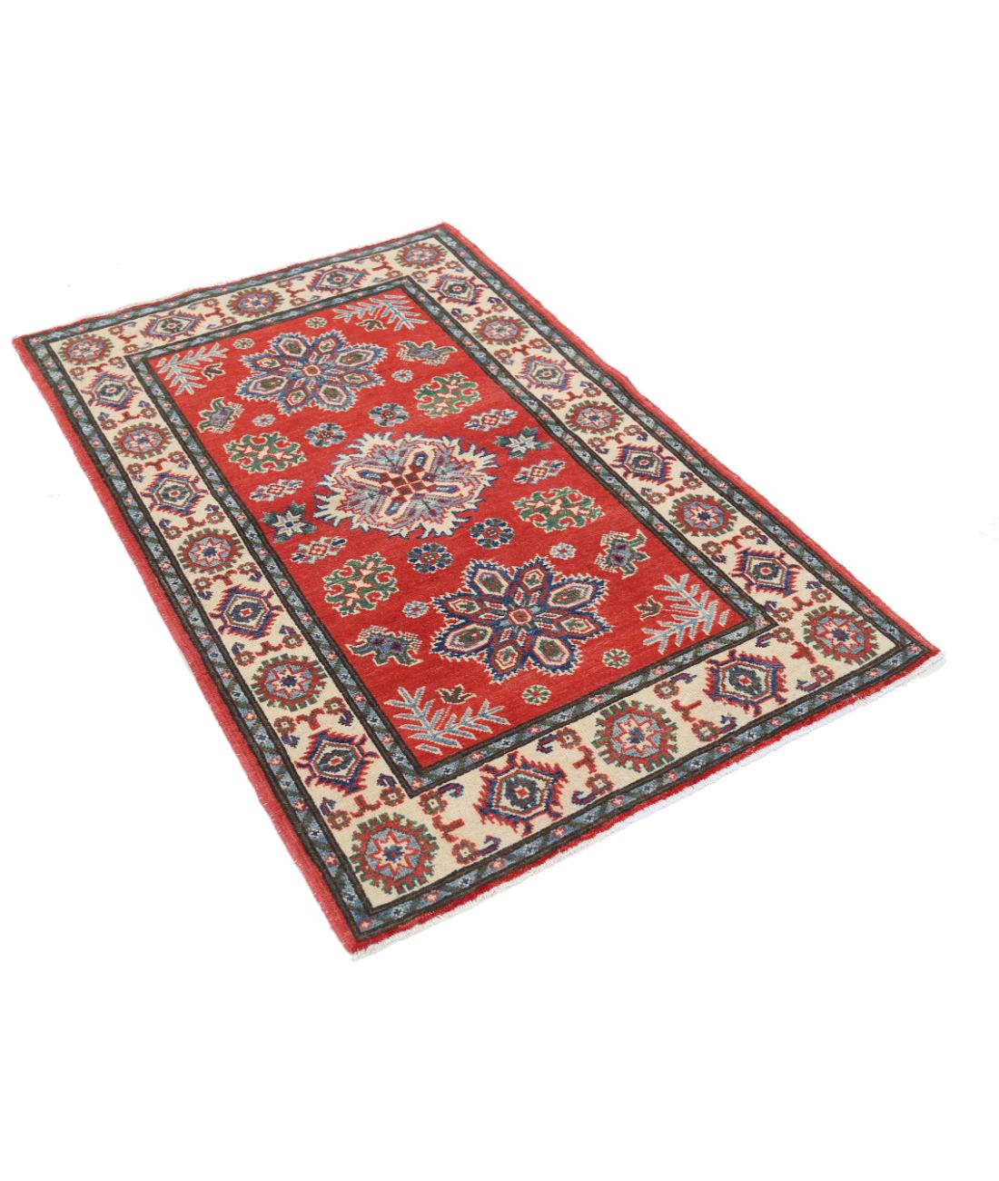 Hand Knotted Tribal Kazak Wool Rug - 3'2'' x 4'9'' 3' 2" X 4' 9" (97 X 145) / Red / Ivory