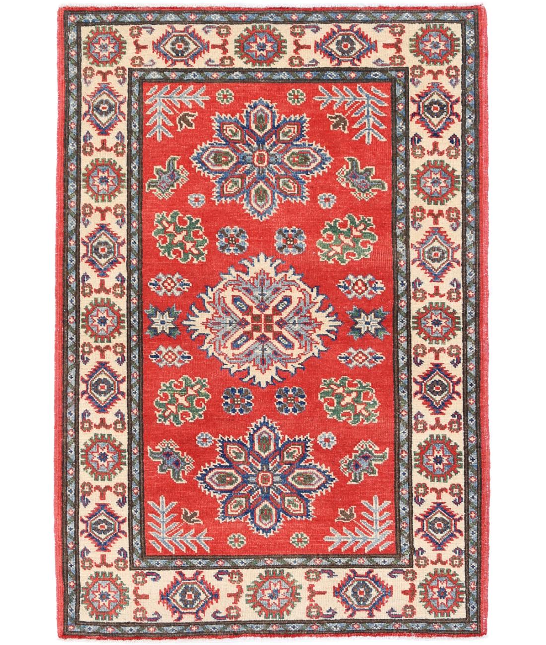 Hand Knotted Tribal Kazak Wool Rug - 3'2'' x 4'9'' 3' 2" X 4' 9" (97 X 145) / Red / Ivory
