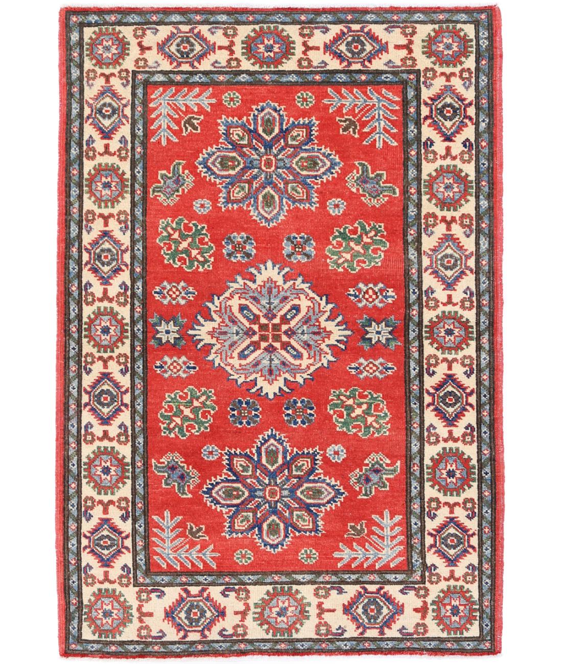 Hand Knotted Tribal Kazak Wool Rug - 3'2'' x 4'9''