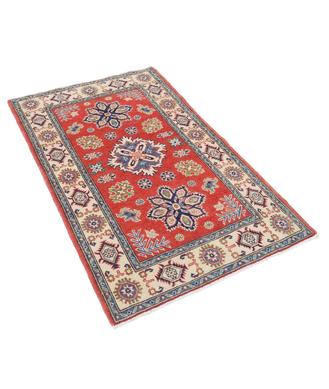 Hand Knotted Tribal Kazak Wool Rug - 3'0'' x 4'11'' 3' 0" X 4' 11" (91 X 150) / Red / Ivory