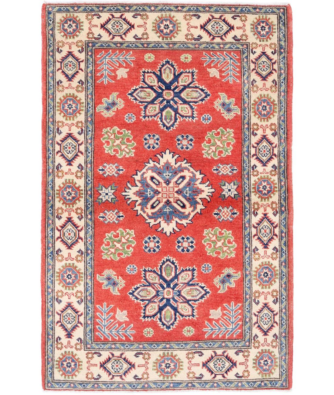 Hand Knotted Tribal Kazak Wool Rug - 3&#39;0&#39;&#39; x 4&#39;11&#39;&#39; 3&#39; 0&quot; X 4&#39; 11&quot; (91 X 150) / Red / Ivory