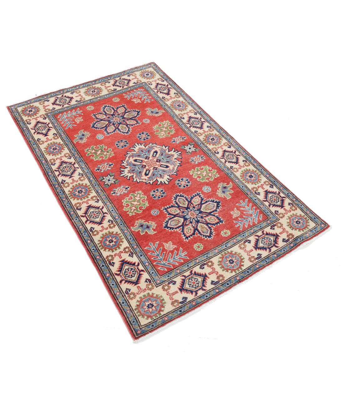 Hand Knotted Tribal Kazak Wool Rug - 3'1'' x 4'10'' 3' 1" X 4' 10" (94 X 147) / Red / Ivory