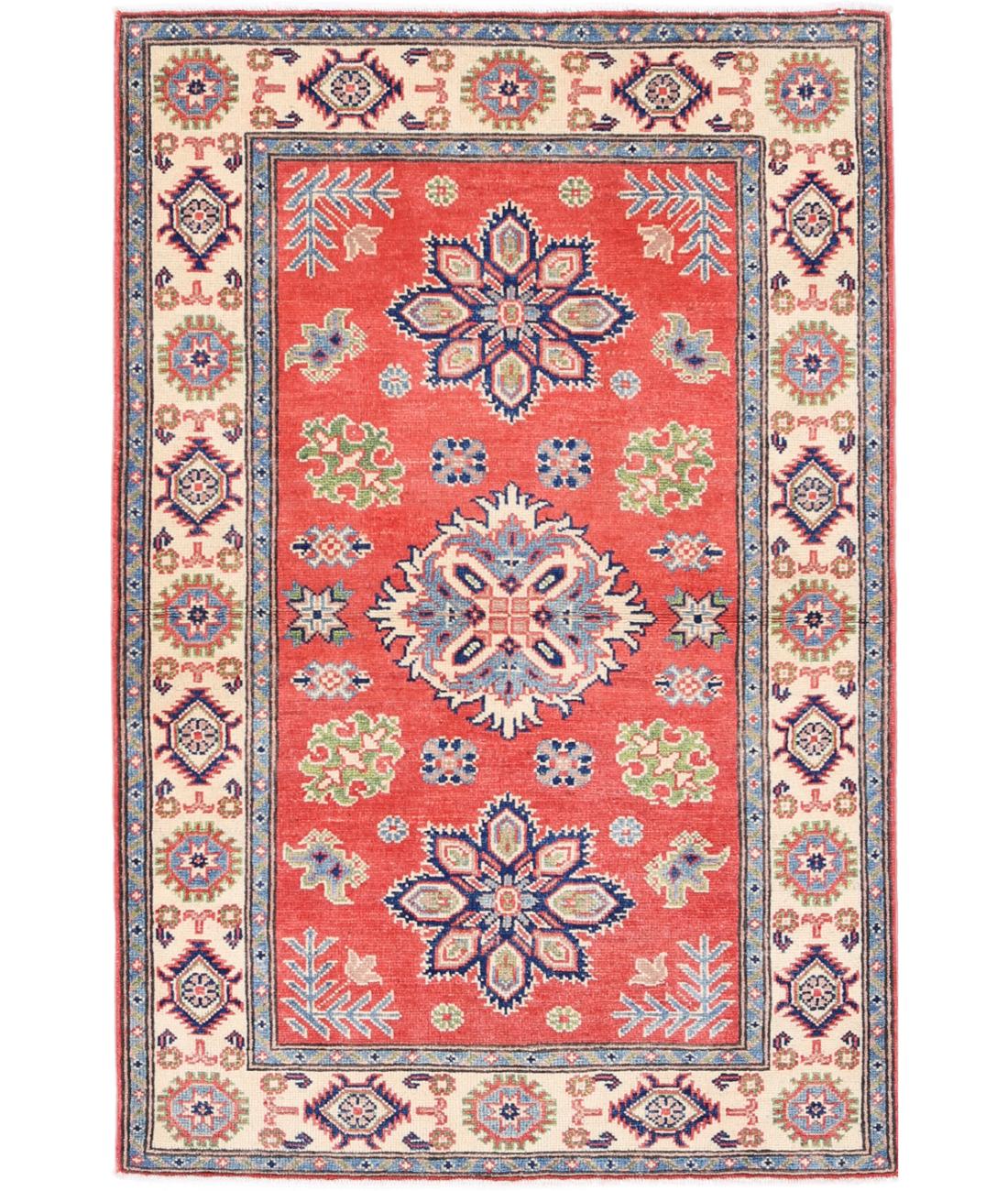 Hand Knotted Tribal Kazak Wool Rug - 3&#39;1&#39;&#39; x 4&#39;10&#39;&#39; 3&#39; 1&quot; X 4&#39; 10&quot; (94 X 147) / Red / Ivory