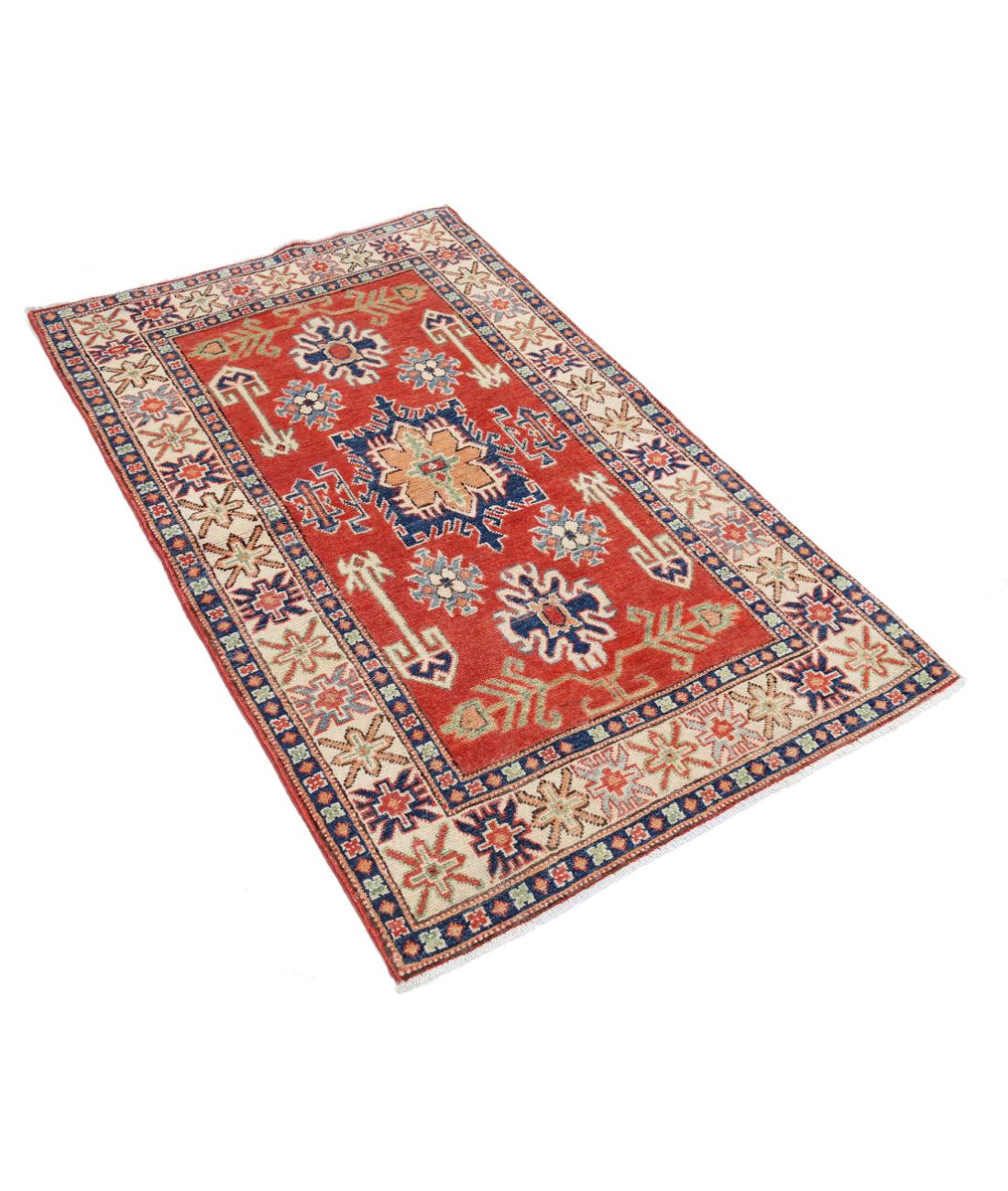 Hand Knotted Tribal Kazak Wool Rug - 3'1'' x 5'1'' 3' 1" X 5' 1" (94 X 155) / Red / Ivory