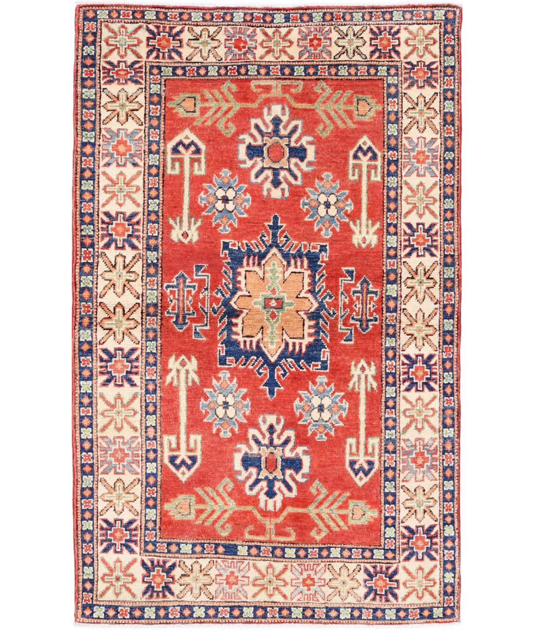 Hand Knotted Tribal Kazak Wool Rug - 3&#39;1&#39;&#39; x 5&#39;1&#39;&#39; 3&#39; 1&quot; X 5&#39; 1&quot; (94 X 155) / Red / Ivory