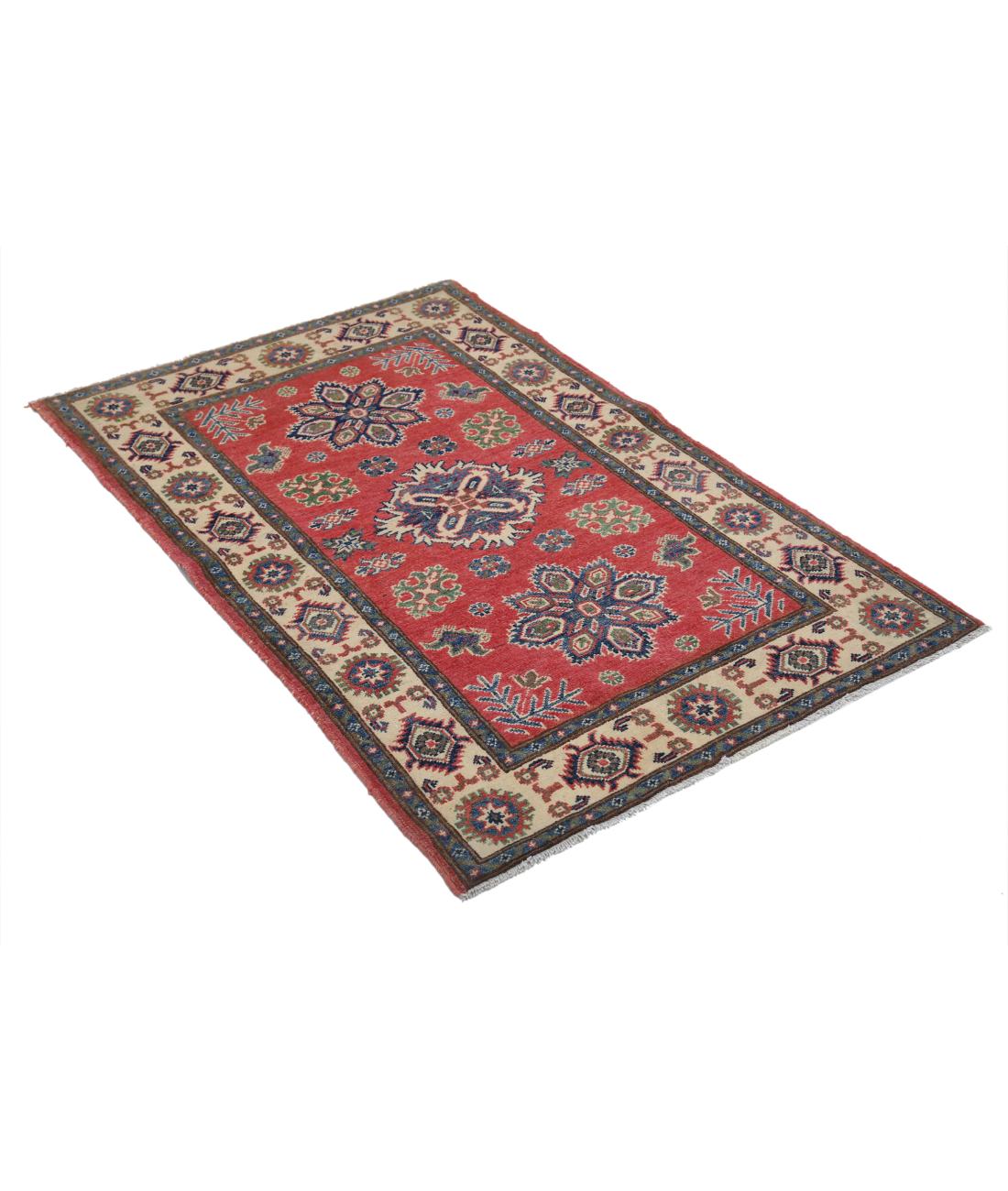Hand Knotted Tribal Kazak Wool Rug - 3'0'' x 4'11'' 3' 0" X 4' 11" (91 X 150) / Red / Ivory