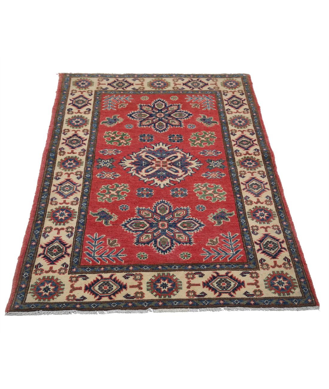 Hand Knotted Tribal Kazak Wool Rug - 3'0'' x 4'11'' 3' 0" X 4' 11" (91 X 150) / Red / Ivory