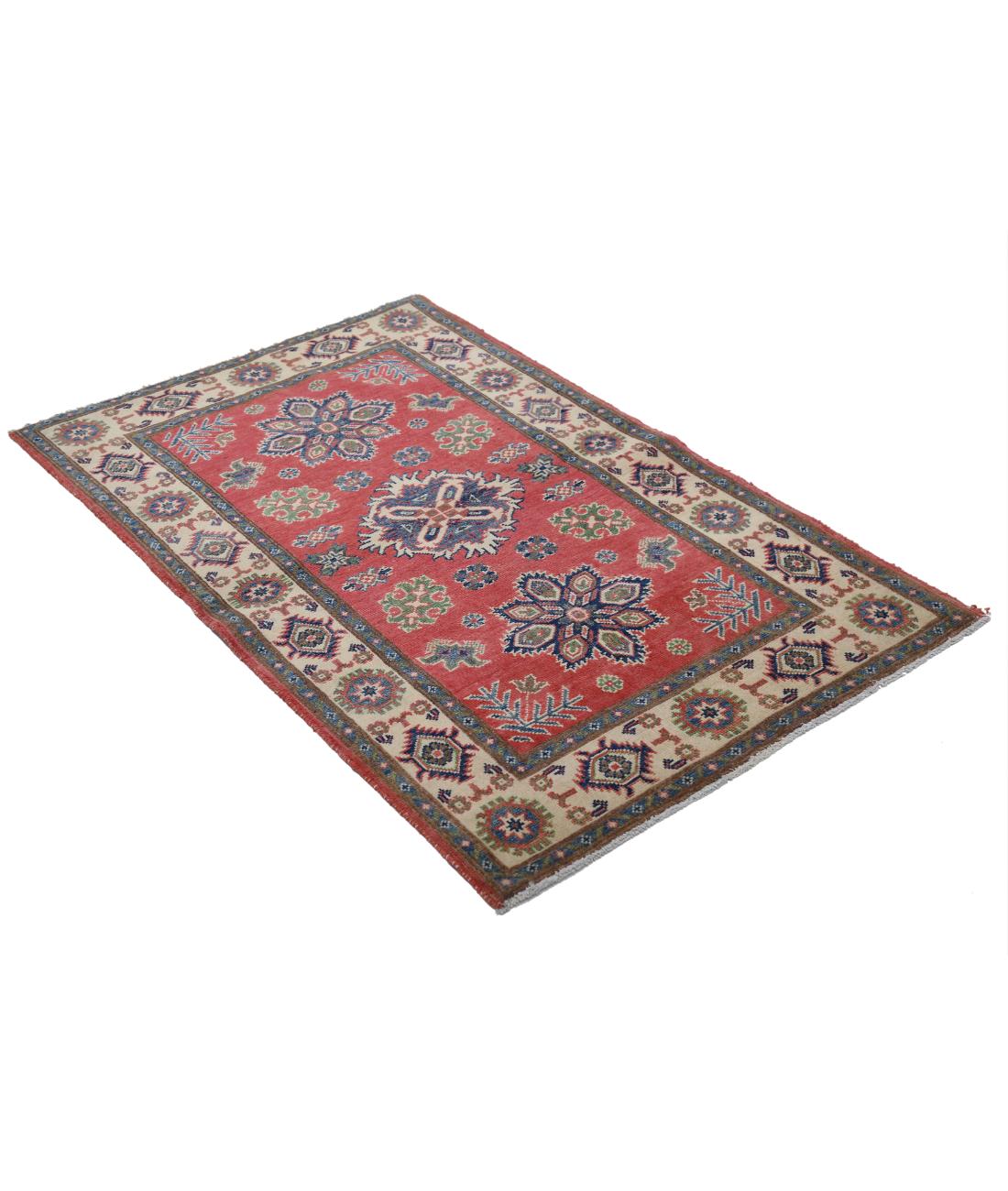 Hand Knotted Tribal Kazak Wool Rug - 3'0'' x 4'11'' 3' 0" X 4' 11" (91 X 150) / Red / Ivory