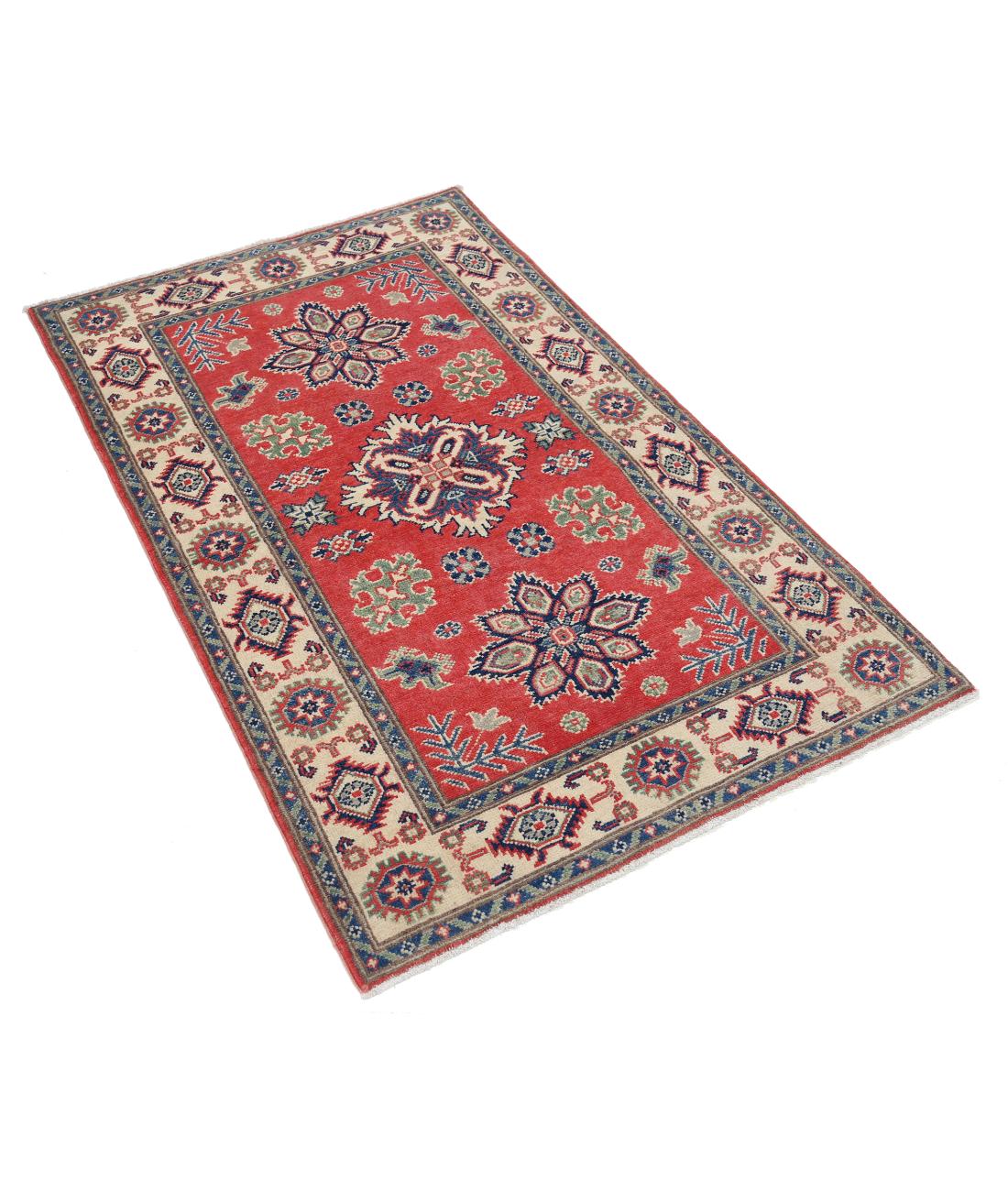 Hand Knotted Tribal Kazak Wool Rug - 3'0'' x 4'11'' 3' 0" X 4' 11" (91 X 150) / Red / Ivory