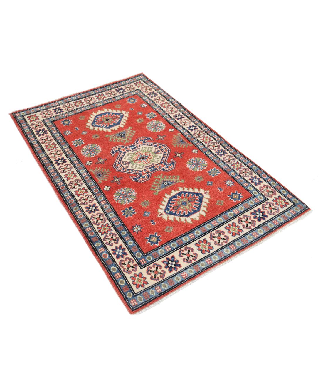 Hand Knotted Tribal Kazak Wool Rug - 3'3'' x 4'10'' 3' 3" X 4' 10" (99 X 147) / Red / Ivory