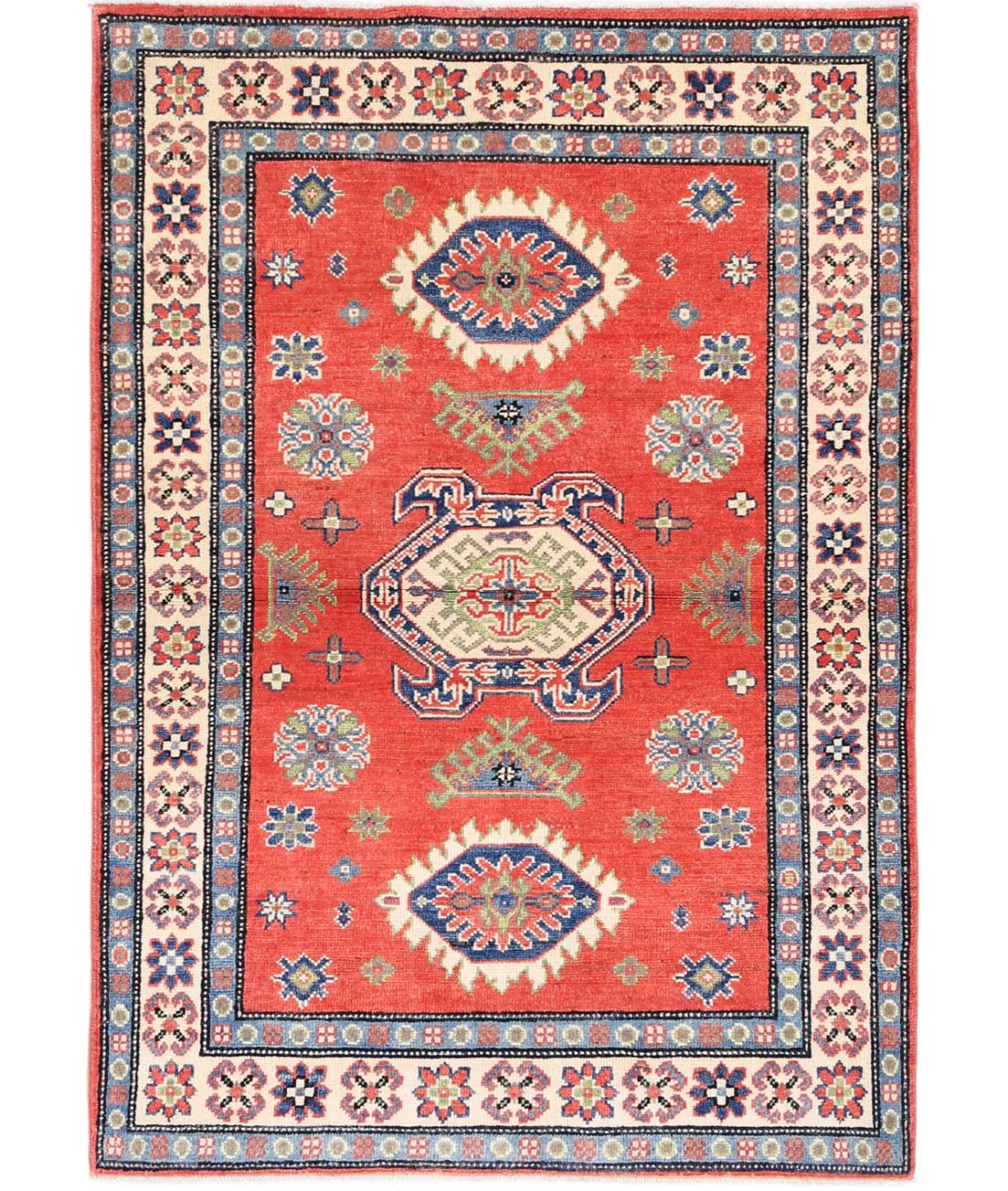 Hand Knotted Tribal Kazak Wool Rug - 3&#39;3&#39;&#39; x 4&#39;10&#39;&#39; 3&#39; 3&quot; X 4&#39; 10&quot; (99 X 147) / Red / Ivory