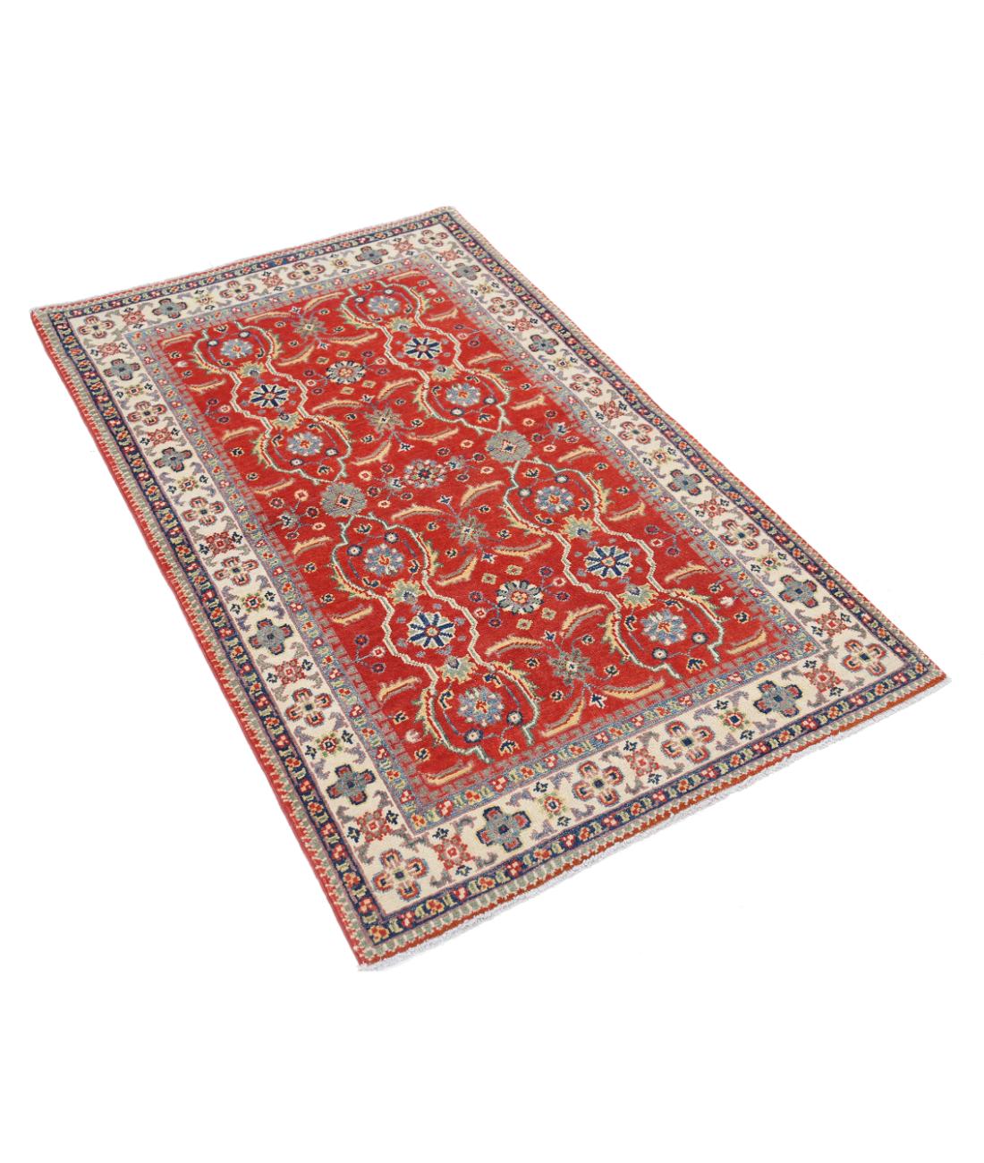 Hand Knotted Tribal Kazak Wool Rug - 3'1'' x 4'9'' 3' 1" X 4' 9" (94 X 145) / Red / Ivory