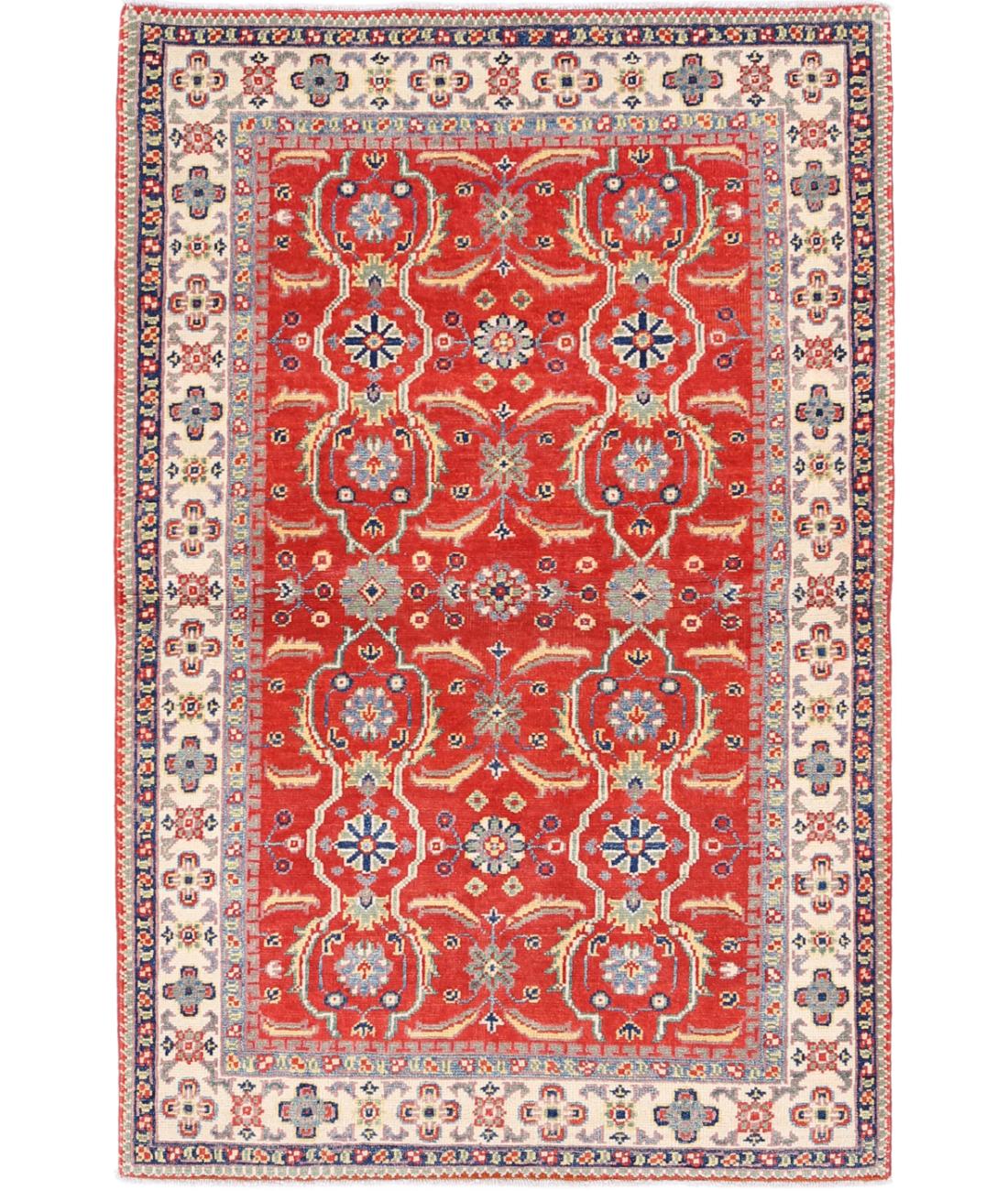 Hand Knotted Tribal Kazak Wool Rug - 3&#39;1&#39;&#39; x 4&#39;9&#39;&#39; 3&#39; 1&quot; X 4&#39; 9&quot; (94 X 145) / Red / Ivory