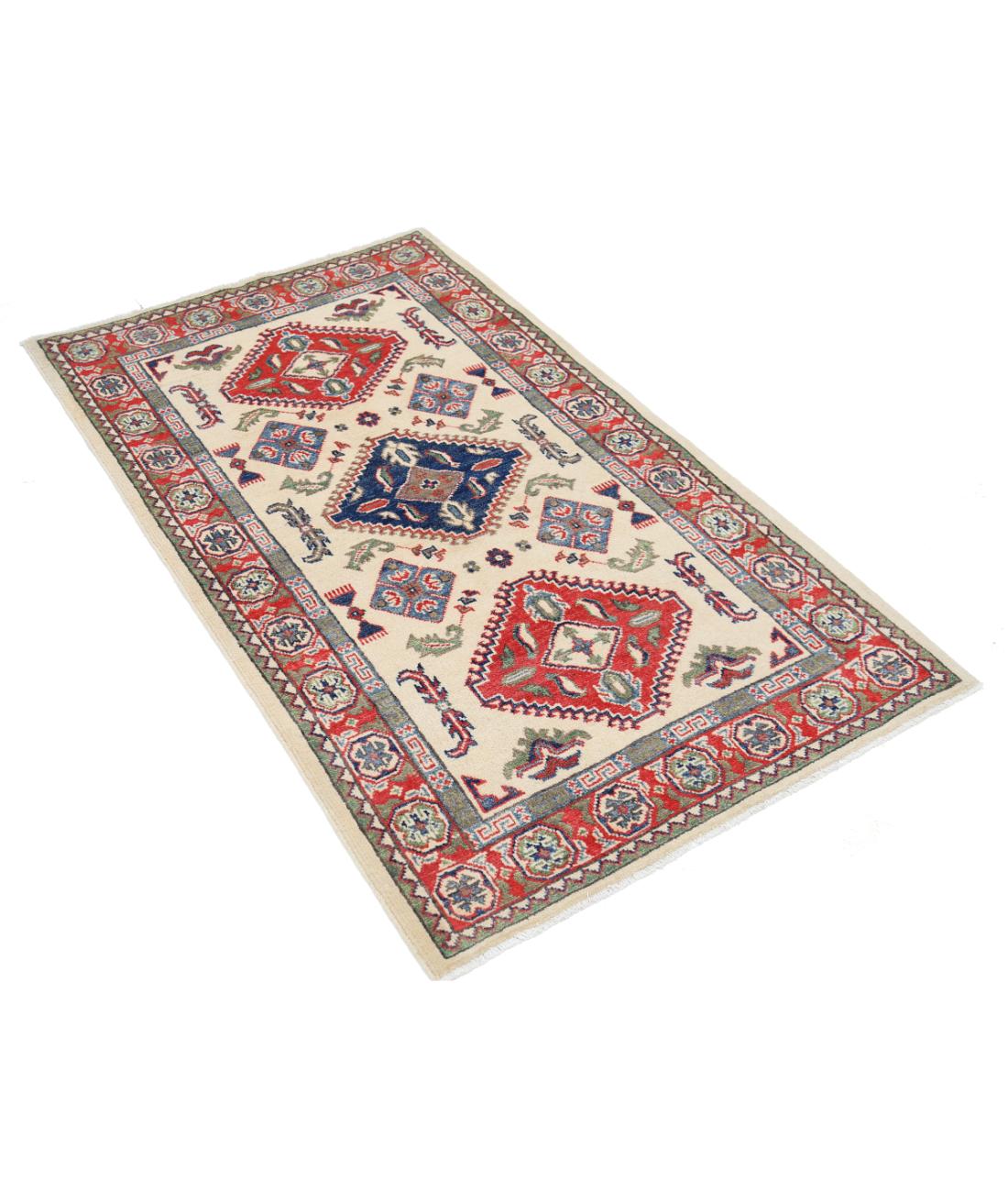 Hand Knotted Tribal Kazak Wool Rug - 3'1'' x 5'2'' 3' 1" X 5' 2" (94 X 157) / Ivory / Red