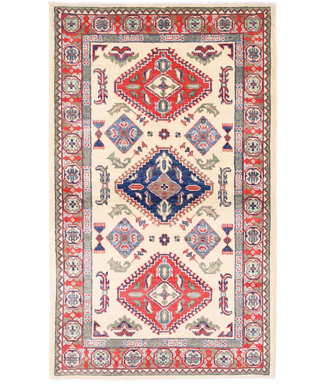 Hand Knotted Tribal Kazak Wool Rug - 3&#39;1&#39;&#39; x 5&#39;2&#39;&#39; 3&#39; 1&quot; X 5&#39; 2&quot; (94 X 157) / Ivory / Red