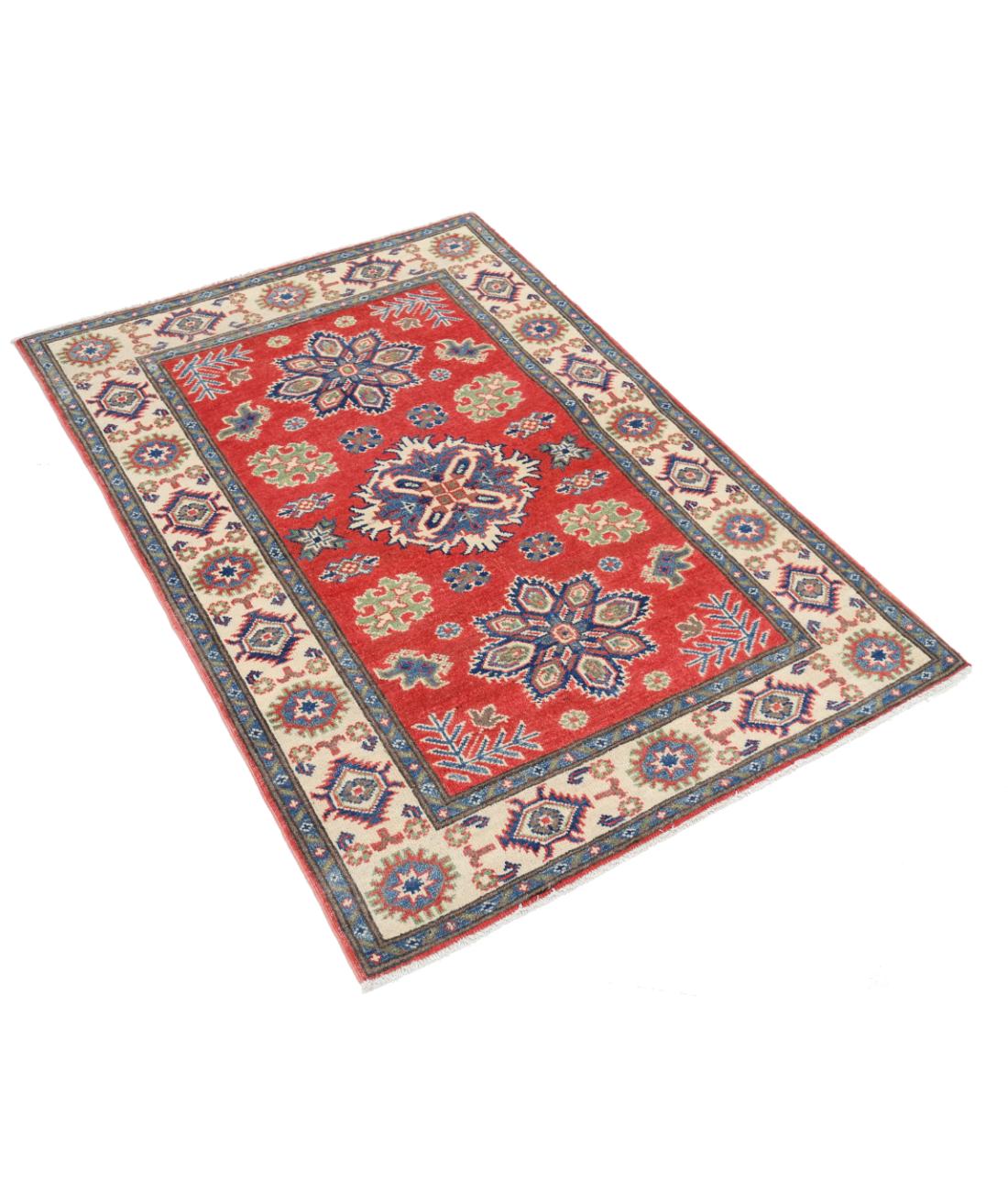 Hand Knotted Tribal Kazak Wool Rug - 3'3'' x 4'7'' 3' 3" X 4' 7" (99 X 140) / Red / Ivory