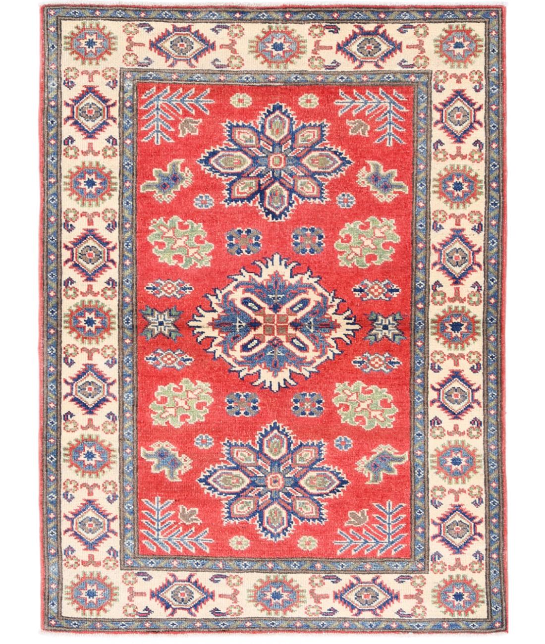 Hand Knotted Tribal Kazak Wool Rug - 3&#39;3&#39;&#39; x 4&#39;7&#39;&#39; 3&#39; 3&quot; X 4&#39; 7&quot; (99 X 140) / Red / Ivory